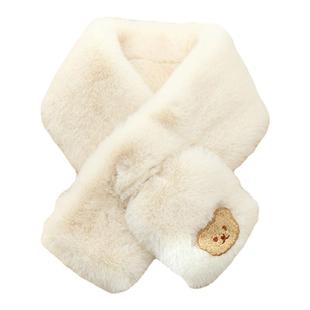 围脖冬季女ins可爱小熊学生韩版百搭仿兔毛交叉毛绒围巾保暖抗寒