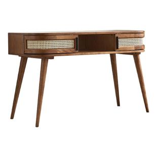 日式藤编梳妆台复古北欧设计师实木化妆桌椅卧室小户型一体