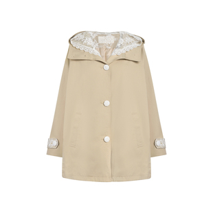 Kroche 26ss 浪漫蕾丝 天丝棉 假两件蕾丝拼接连帽风衣中长款外套