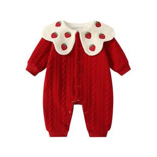 红色草莓婴儿加绒连体衣女宝宝翻领保暖哈衣爬服秋冬装百天礼服