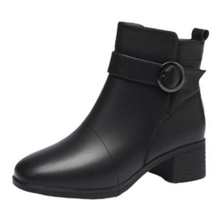 红蜻蜓女靴冬季新款靴子女高跟粗跟短靴中筒棉靴真皮加绒保暖皮靴