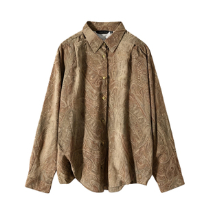 英伦中古vintage棕色嬉皮士复古老钱印花衬衫男女设计感上衣长袖