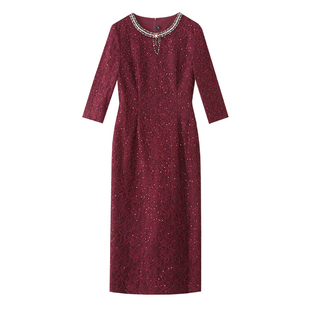 参加婚礼妈妈秋装连衣裙高贵夫人红色喜婆婆婚宴礼服正式场合裙子