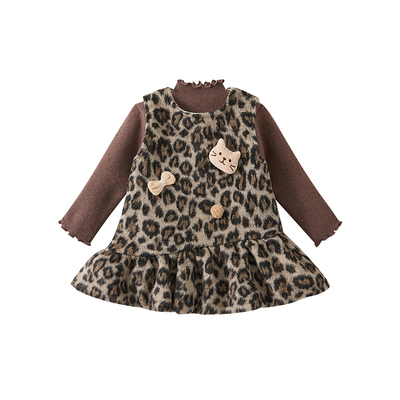 2025冬季新品婴幼儿加绒加厚豹纹连衣裙套装女宝宝裙子毛衣两件套