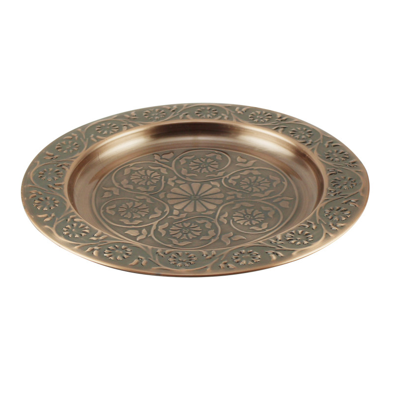 铜色盘子镀金铜色托盘不锈钢盘喜庆大菜盘复古欧式印花盘道具圆盘