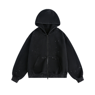NEVERNEED泼墨水洗连帽开衫卫衣男女秋季美式cleanfit双拉链外套