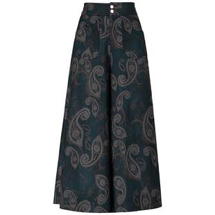 花色毛呢裙裤女冬季加厚印花阔腿裤秋冬高腰垂感妈妈九分大脚裤子