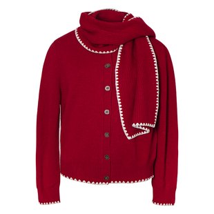 LEONSENSE力上司 羊毛坑条圆领短款开衫围巾套装撞色绣花红色冬装