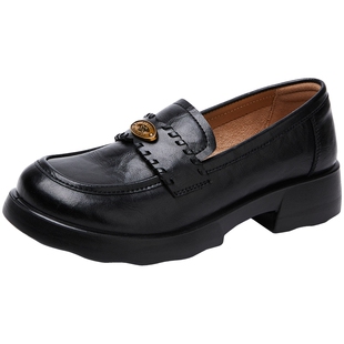 百田森厚底乐福鞋女款26春新款手抓纹牛皮通勤真皮黑色单鞋小皮鞋