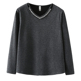 大码女装加绒v领打底衫女2025秋冬季胖mm百搭设计感显瘦上衣T恤