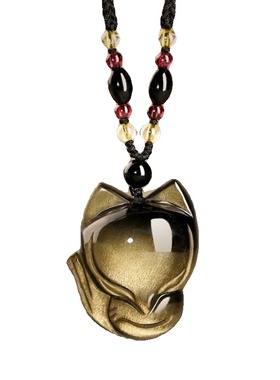 黑曜石狐狸吊坠彩虹眼金耀石吊坠