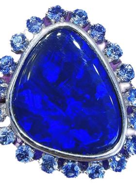 ninisn 浓郁罕有深蓝紫色大颗粒澳大利亚黑欧泊戒指海蓝宝 925银