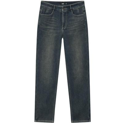 森马复古做旧加绒直筒牛仔裤女