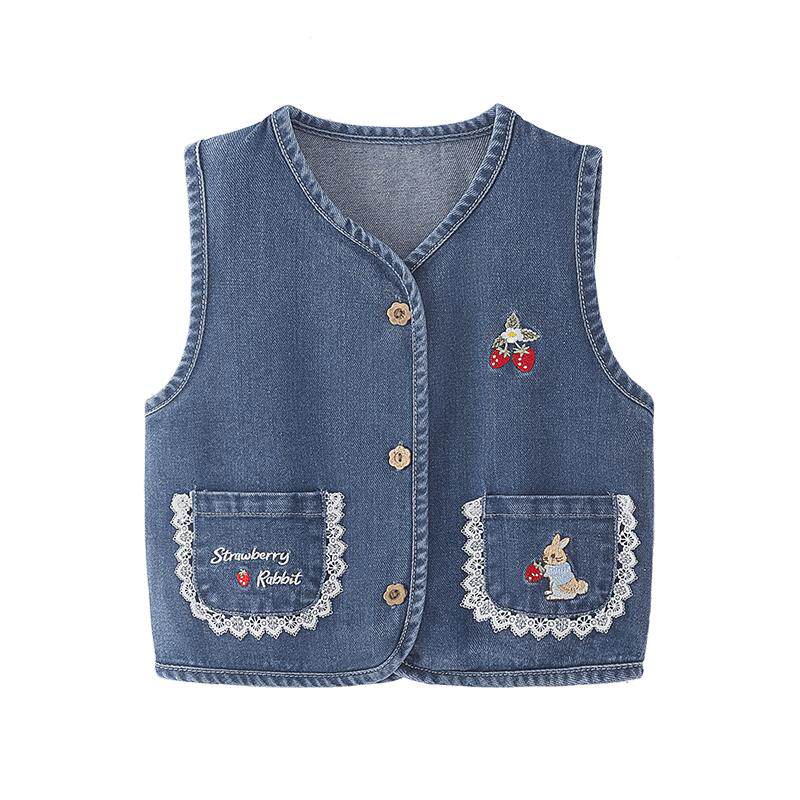 jellybaby女童牛仔背心宝宝春法式花边刺绣坎肩开衫外穿5儿童马甲