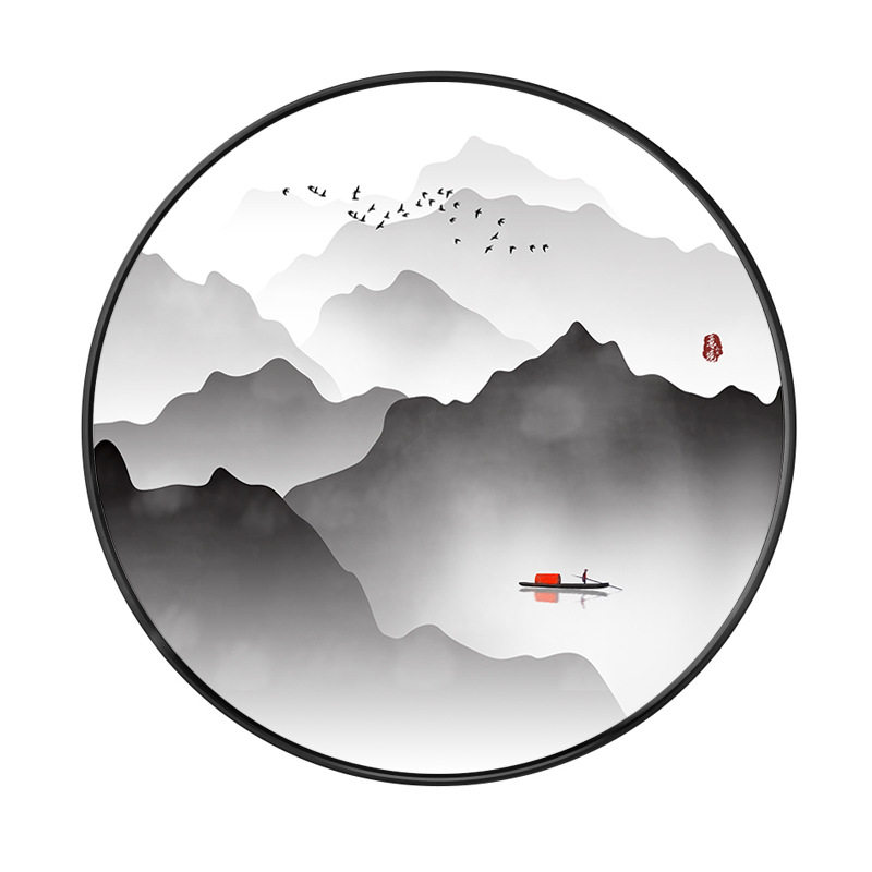新中式装饰画禅意山水画玄关餐厅圆形挂画书房茶室背景墙客厅壁画