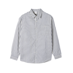 GOKIGA日系复古竖细条纹长袖衬衫男潮宽松休闲翻领衬衣外套秋6179