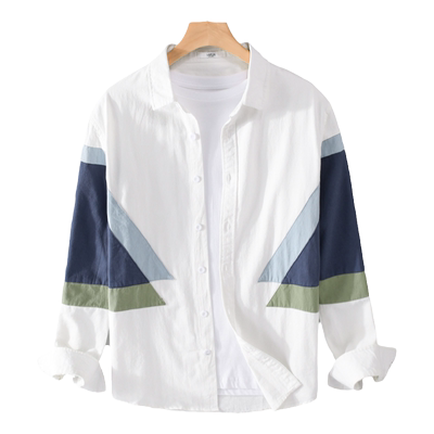 春季小众设计感拼色衬衫男白色纯棉休闲衬衣日系高端免烫内搭外套