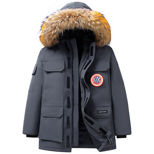 皮尔卡丹情侣羽绒服男短款冲锋衣冬季貉子毛工装派克服女加厚外套