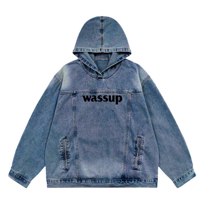 WASSUP做旧水洗连帽牛仔卫衣男