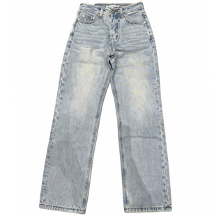 weisu唯速57299秋冬新款高腰纽扣设计窄版直筒裤浅蓝水洗牛仔裤女