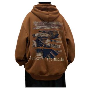 高街潮牌美式卫衣男连帽加绒硬挺宽松薄款外套春秋款oversize上衣