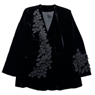 VANLU | 明星系列 D牌高定光泽 立体刺绣花朵V领真丝丝绒西装外套