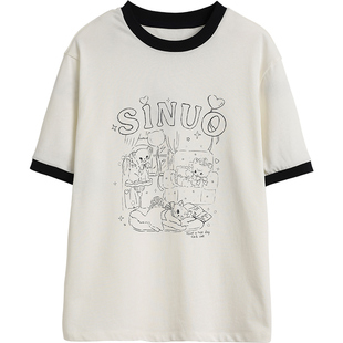 诺诺公主S1N初中生2026夏季卡通撞色短袖T恤女青少年休闲显瘦上衣