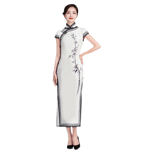 盖世红颜高端刺绣日常白色旗袍裙老上海2023年新款秋季女礼服咏竹