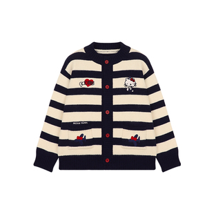 Amybaby女童上衣春季2025新款韩版KT猫条纹卡通刺绣针织开衫
