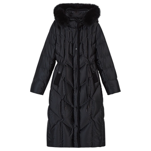 YINER音儿专选2025冬季新款法式柔光缎面狐狸毛领连帽长款羽绒服