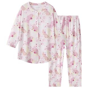 SCHIESSER舒雅女士棉莫代尔印花圆领开衫七分袖睡衣家居服套装