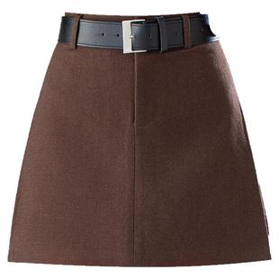 侧开叉毛呢半身裙短款裙裤女秋冬2025新款高腰显瘦A字短裙配腰带