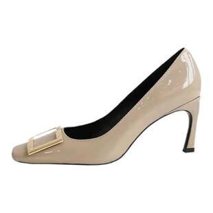 2025新款粗跟方扣单鞋网红漆皮中跟方头浅口舒适优雅婚鞋百搭工作