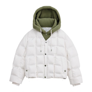 鸭鸭羽绒服2025秋冬新款女士小个子短款休闲时尚针织拼接连帽外套