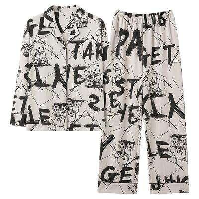 帕兰朵高级感睡衣女春秋款纯棉长袖韩版开衫卡通小熊家居服可外穿