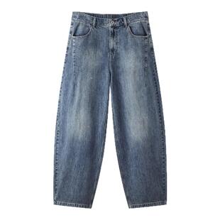 森马牛仔裤男夏季宽松弧形弯刀长裤2026新款复古泼墨做旧水洗裤子