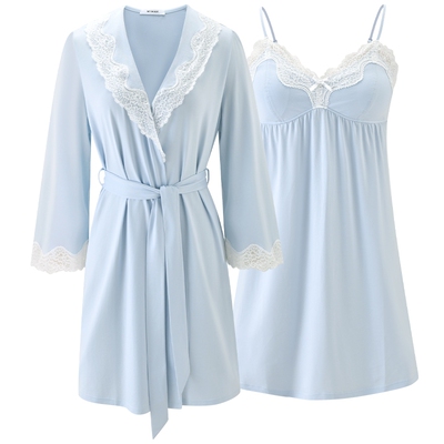 商场同款MYBODY新款莫代尔棉舒适青果领蕾丝吊带开衫两件套家居服