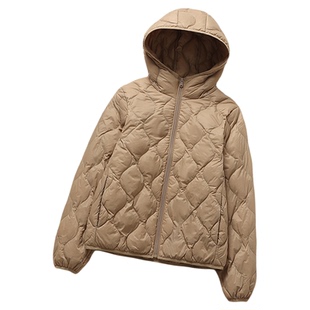 2025新款轻薄羽绒服女连帽短款立领菱形格轻便百搭外套白鸭绒薄款
