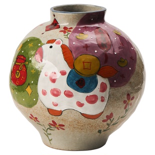 马年花瓶手绘中式插花器景德镇陶瓷生肖马复古水培鲜花客厅摆件