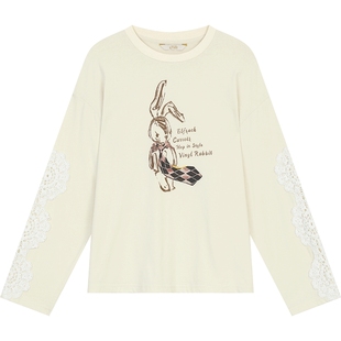 妖精的口袋蕾丝拼接印花长袖t恤女2026年早春新款设计感休闲上衣