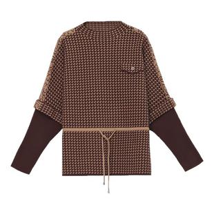 春秋新款桑蚕丝千鸟格长袖t恤女宽松妈妈系带上衣洋气针织打底衫