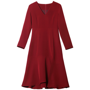 映想社交女装春秋季酒红连衣裙年会礼服长袖小红裙