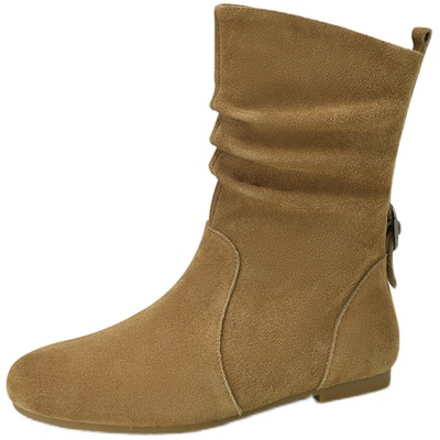 佳雨娇圆头平底堆堆短靴牛皮磨砂