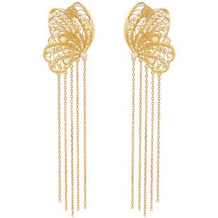 蝴蝶流苏珍珠银鎏金耳钉非遗花丝镂空新中式国风长款纯银耳饰耳坠