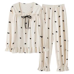 纯棉长袖睡衣女款春秋季带胸垫可外穿公主风方领套头家居服套装