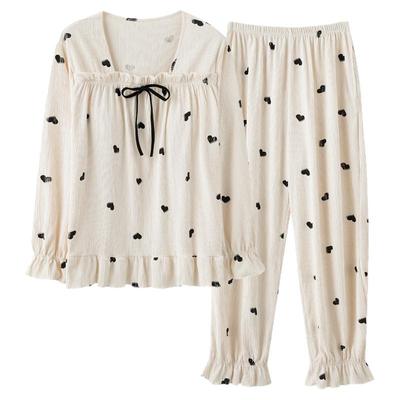 纯棉长袖睡衣女款春秋季带胸垫可外穿公主风方领套头家居服套装