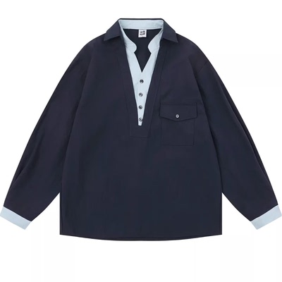 假两件衬衫男高级感痞帅春秋老钱风设计翻领拼接长袖衬衣男女通用