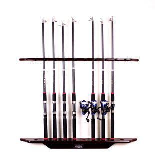 竖式壁挂10位鱼竿收纳架展示架手钓海竿摆放架子实木家用渔具用品