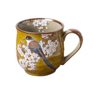 日本进口九谷烧手绘黄花雀鸟陶瓷马克杯黄釉茶杯咖啡杯生日礼物杯