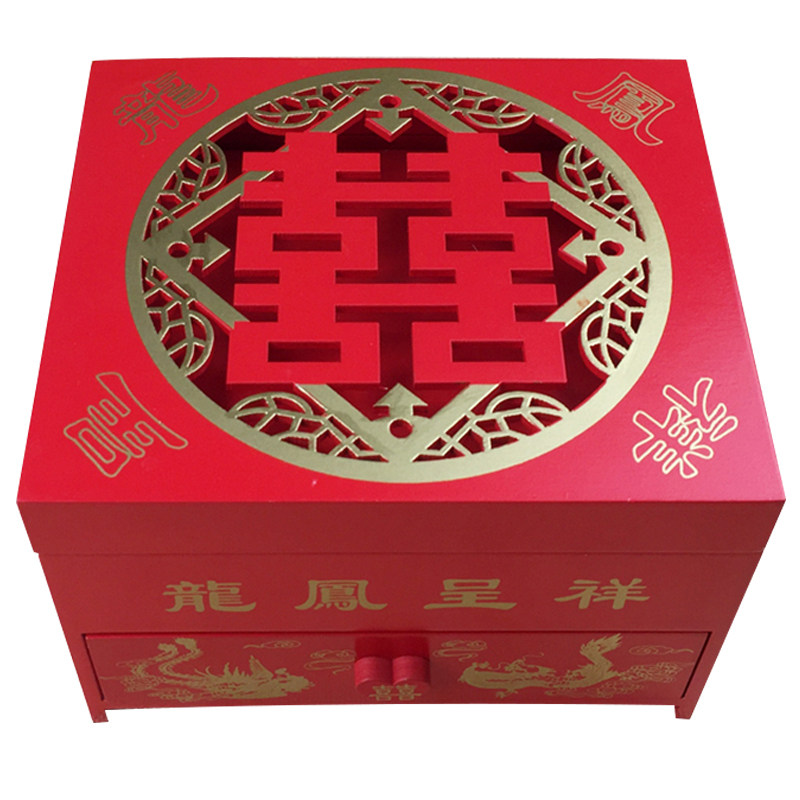 结婚用品新娘陪嫁嫁妆复古木质带镜首饰盒喜字镂空龙凤呈祥梳妆盒